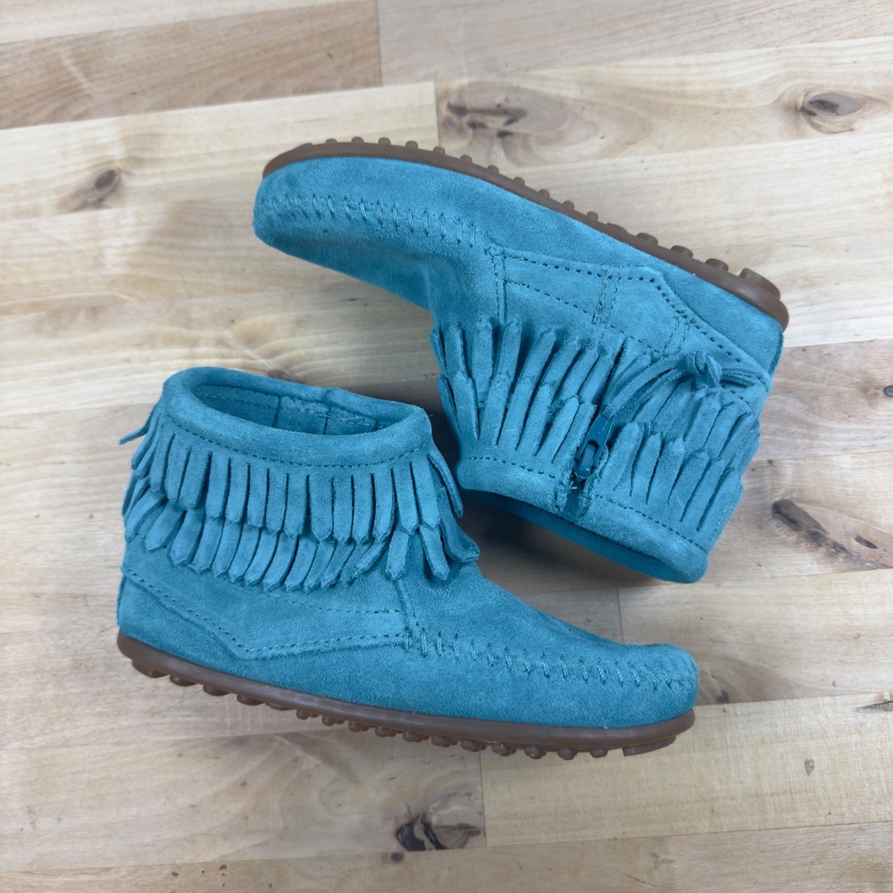 Minnetonka Kids Turquoise Suede Double Fringe Side Zip Moccasin Boots 13